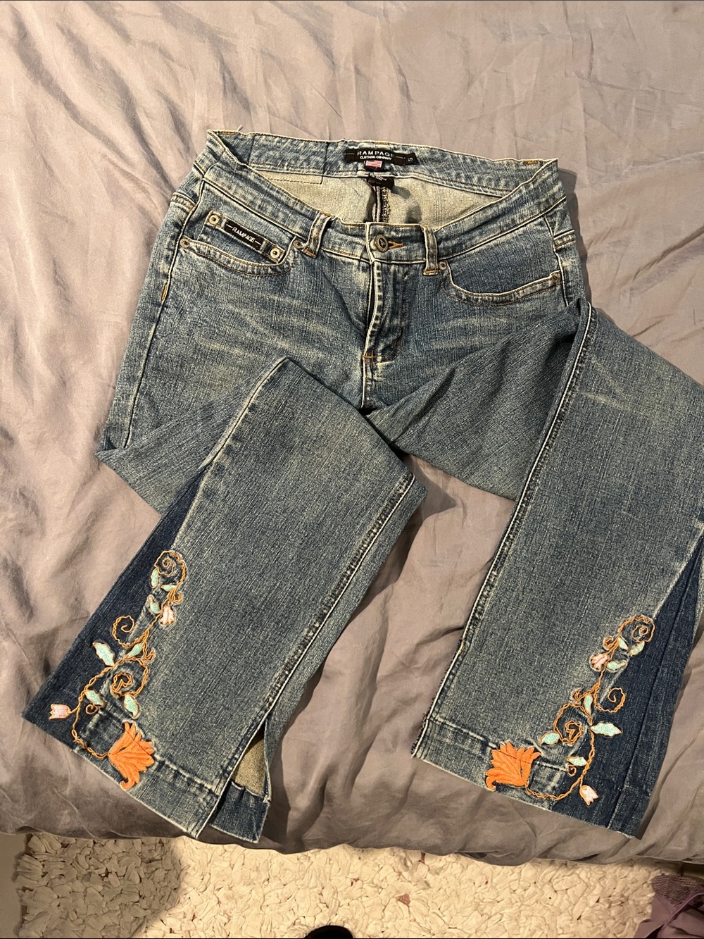 Rampage Blue Flare Jeans with Orange Floral Embroidery